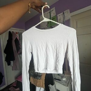 White Ribbed Long Sleeve Crop Top